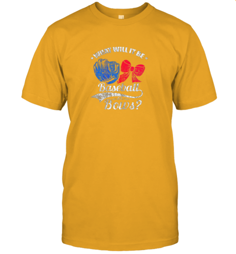 yhtn baseball or bows gender reveal pregnancy distressed jersey t shirt 60 front gold