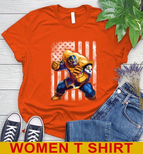 NFL Football Pittsburgh Steelers Thanos Marvel American Flag Shirt Women's T-Shirt 3