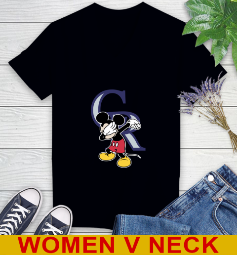 Colorado Rockies MLB Baseball Dabbing Mickey Disney Sports Women's V-Neck T-Shirt 2
