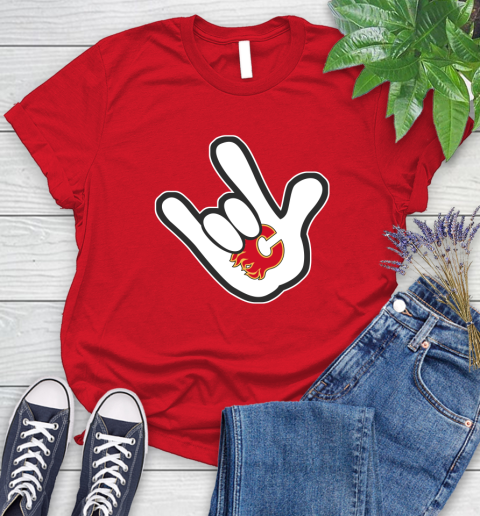 Calgary Flames NHL Hockey Mickey Rock Hand Disney Women's T-Shirt 9