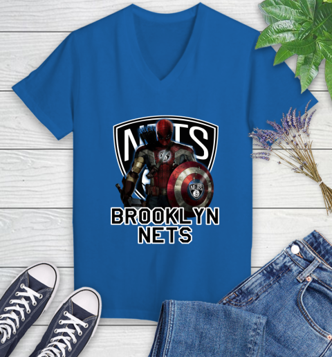 Brooklyn Nets NBA Basketball Captain America Thor Spider Man Hawkeye Avengers Women's V-Neck T-Shirt 10