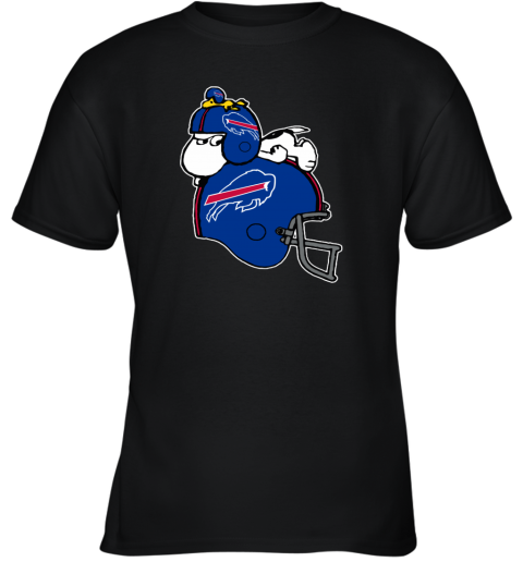 4469 snoopy and woodstock resting on buffalo bills helmet youth t shirt 26 front black