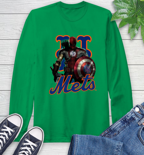 MLB Captain America Thor Spider Man Hawkeye Avengers Endgame Baseball New York Mets Long Sleeve T-Shirt 7