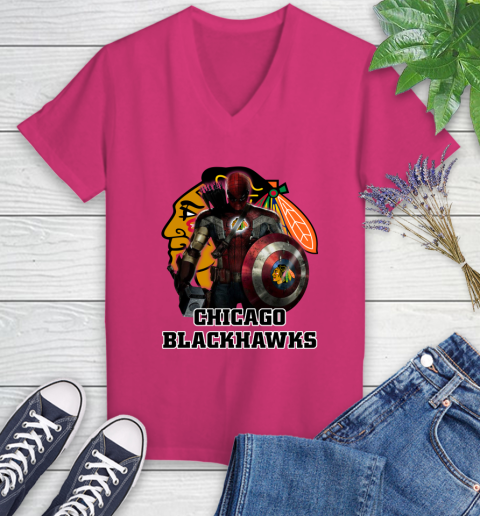 NHL Captain America Thor Spider Man Hawkeye Avengers Endgame Hockey Chicago Blackhawks Women's V-Neck T-Shirt 9