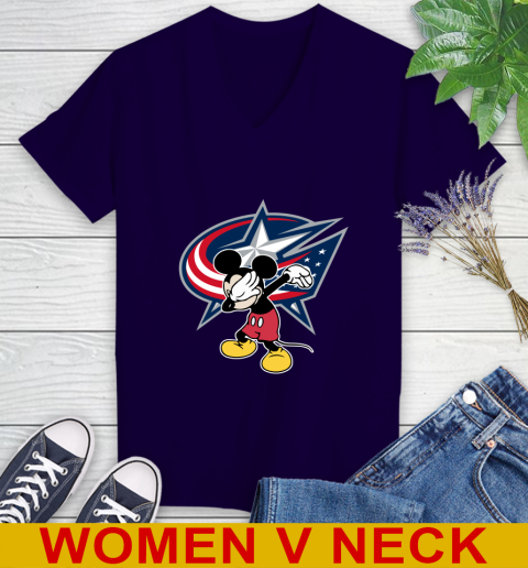 Columbus Blue Jackets NHL Hockey Dabbing Mickey Disney Sports Women's V-Neck T-Shirt 4