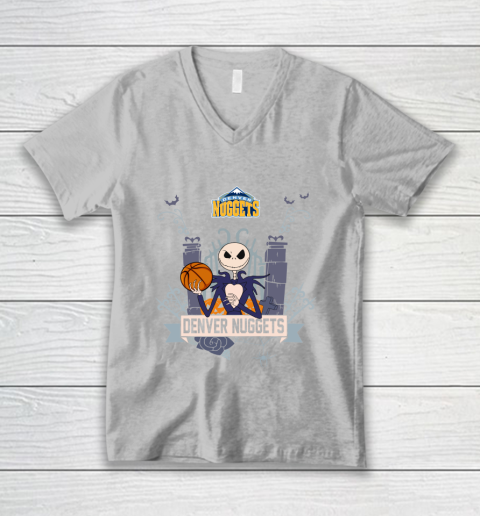 NBA Denver Nuggets Basketball Jack Skellington Halloween V-Neck T-Shirt 3