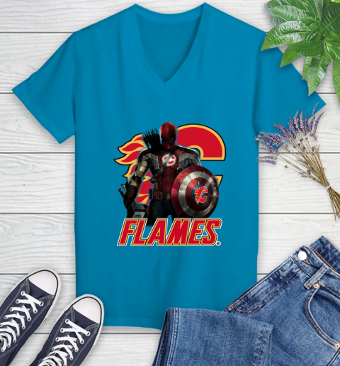 NHL Captain America Thor Spider Man Hawkeye Avengers Endgame Hockey Calgary Flames Women's V-Neck T-Shirt 7