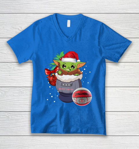 Houston Rockets Christmas Baby Yoda Star Wars Funny Happy NBA V-Neck T-Shirt 6