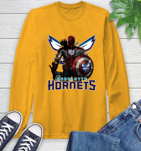 Charlotte Hornets NBA Basketball Captain America Thor Spider Man Hawkeye Avengers Long Sleeve T-Shirt 3