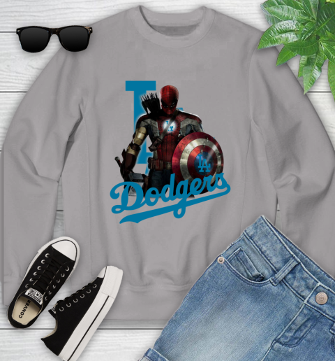 MLB Captain America Thor Spider Man Hawkeye Avengers Endgame Baseball Los Angeles Dodgers Youth Sweatshirt 4