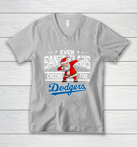 Los Angeles Dodgers Even Santa Claus Cheers For Christmas MLB V-Neck T-Shirt 3