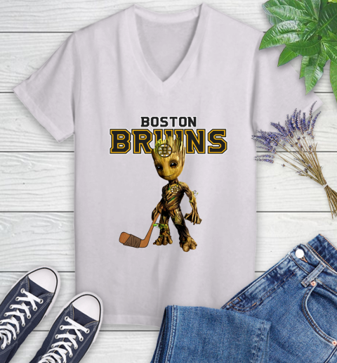 Boston Bruins NHL Hockey Groot Marvel Guardians Of The Galaxy Women's V-Neck T-Shirt