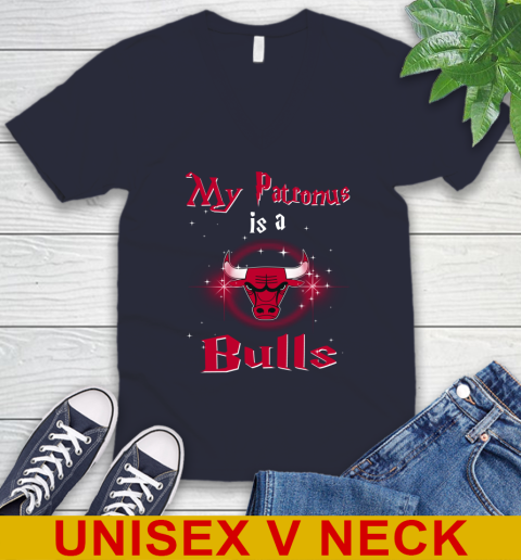NBA Basketball Harry Potter My Patronus Is A Chicago Bulls V-Neck T-Shirt 2