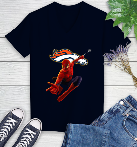 NFL Spider Man Avengers Endgame Football Denver Broncos Women's V-Neck T-Shirt 3