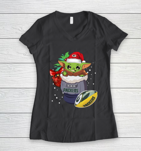 Green Bay Packers Christmas Baby Yoda Star Wars Funny Happy NFL Women's V-Neck T-Shirt 8
