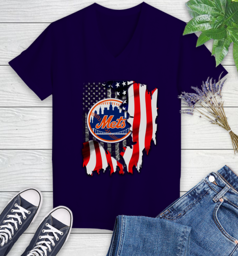 New York Mets MLB Baseball American Flag Women's V-Neck T-Shirt 3