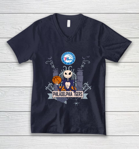 NBA Philadelphia 76ers Basketball Jack Skellington Halloween V-Neck T-Shirt 2