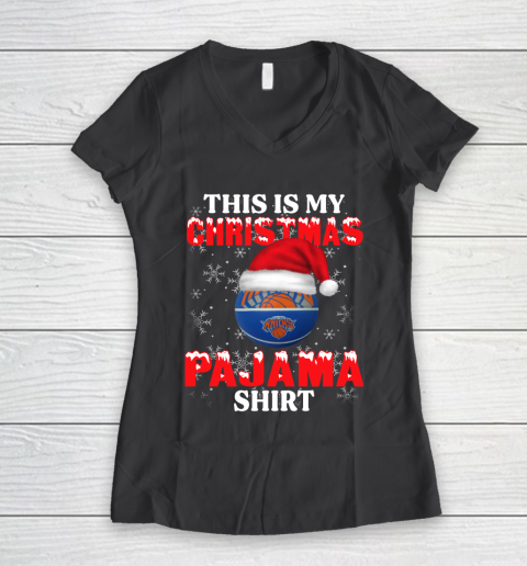 New York Knicks This Is My Christmas Pajama Shirt NBA Women's V-Neck T-Shirt 6