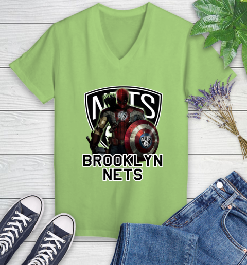 Brooklyn Nets NBA Basketball Captain America Thor Spider Man Hawkeye Avengers Women's V-Neck T-Shirt 11