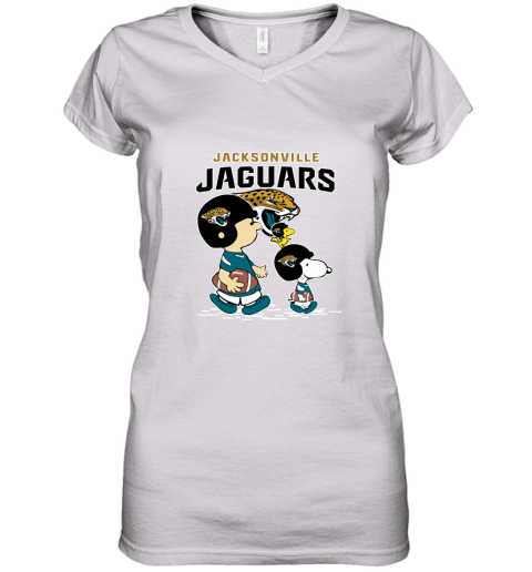 Jacksonville Jaguars Let's Play Football Together Snoopy NFL Women's V-Neck T-Shirt