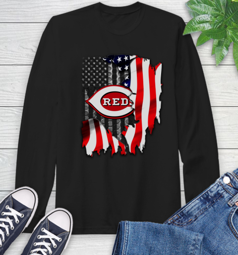 Cincinnati Reds MLB Baseball American Flag Long Sleeve T-Shirt