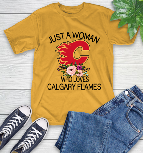 NHL Just A Woman Who Loves Calgary Flames Hockey Sports T-Shirt 2