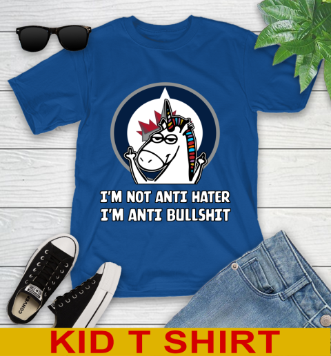 Winnipeg Jets NHL Hockey Unicorn I'm Not Anti Hater I'm Anti Bullshit Youth T-Shirt 9