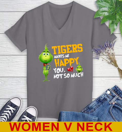 MLB Detroit Tigers Makes Me Happy You Not So Much Grinch Baseball Sports Women's V-Neck T-Shirt 11