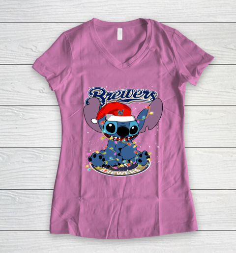 Milwaukee Brewers MLB noel stitch Baseball Christmas Women's V-Neck T-Shirt 8