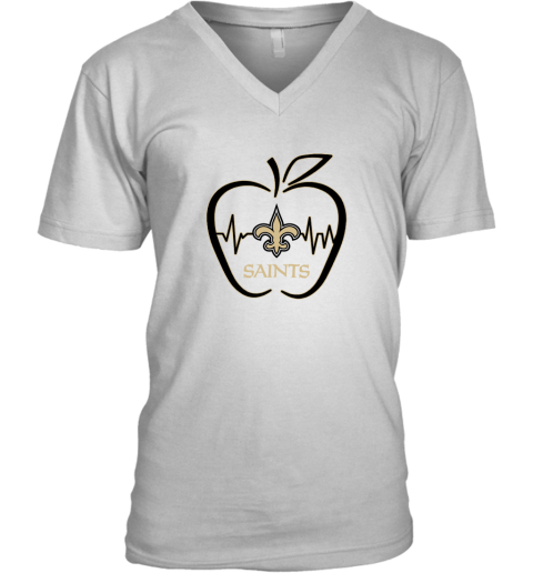 Apple Heartbeat Teacher Symbol New Orleans Saints V-Neck T-Shirt 