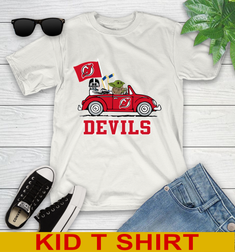 NHL Hockey New Jersey Devils Darth Vader Baby Yoda Driving Star Wars Shirt Youth T-Shirt
