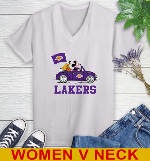 NBA Basketball Los Angeles Lakers Pluto Mickey Driving Disney Shirt Women's V-Neck T-Shirt