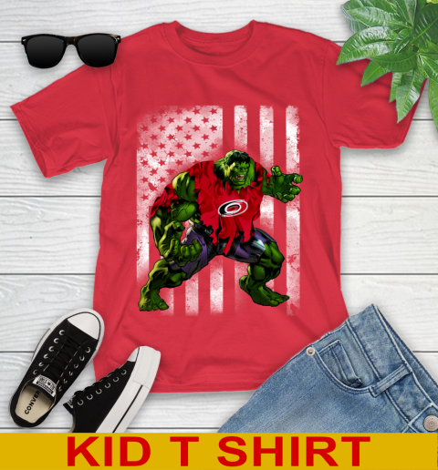 Carolina Hurricanes Hulk Marvel Avengers NHL Hockey American Flag Youth T-Shirt 11