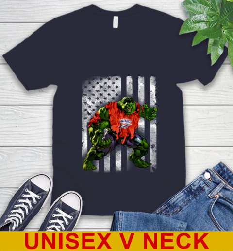 Oklahoma City Thunder Hulk Marvel Avengers NBA Basketball American Flag V-Neck T-Shirt 2
