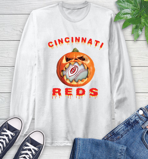 MLB Cincinnati Reds Halloween Pumpkin Baseball Sports Long Sleeve T-Shirt