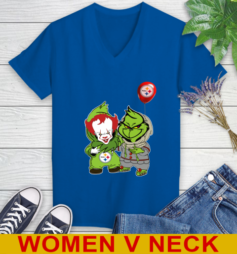 Pittsburgh Steelers Baby Pennywise Grinch Christmas NFL Football Women's V-Neck T-Shirt 11