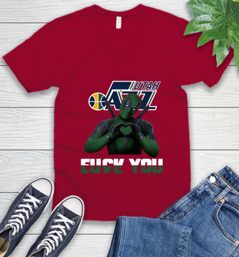 NBA Utah Jazz Deadpool Love You Fuck You Basketball Sports V-Neck T-Shirt 7