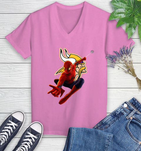 NFL Spider Man Avengers Endgame Football Minnesota Vikings Women's V-Neck T-Shirt 14