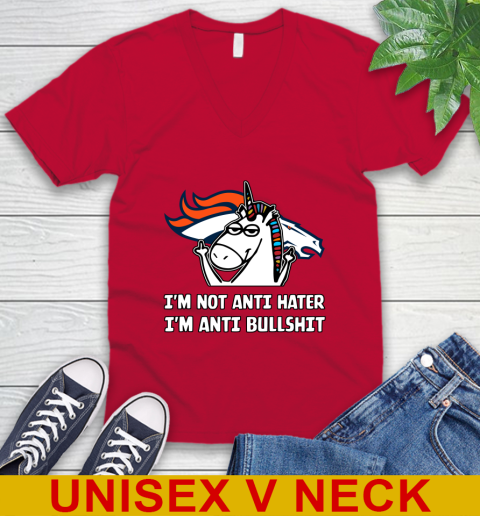 Denver Broncos NFL Football Unicorn I'm Not Anti Hater I'm Anti Bullshit V-Neck T-Shirt 7