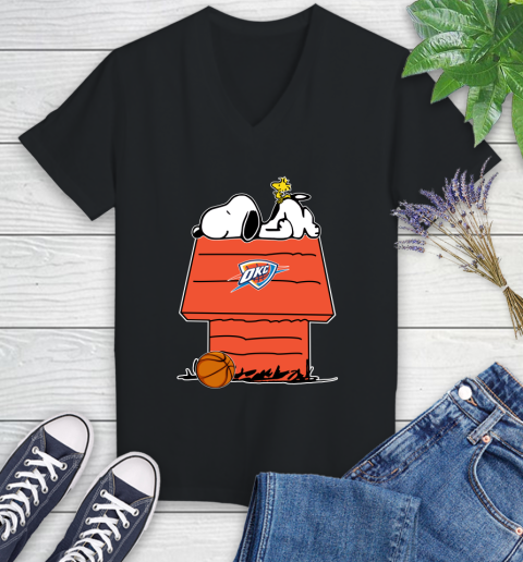 Oklahoma City Thunder NBA Basketball Snoopy Woodstock The Peanuts Movie Women's V-Neck T-Shirt 2