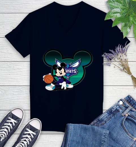 NBA Charlotte Hornets Mickey Mouse Disney Basketball Women's V-Neck T-Shirt 3