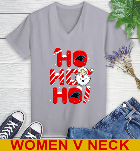 Carolina Panthers NFL Football Ho Ho Ho Santa Claus Merry Christmas Shirt Women's V-Neck T-Shirt 4