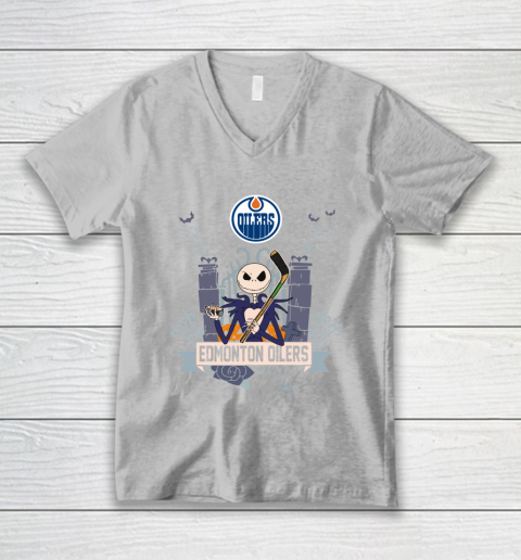 NHL Edmonton Oilers Hockey Jack Skellington Halloween V-Neck T-Shirt 3