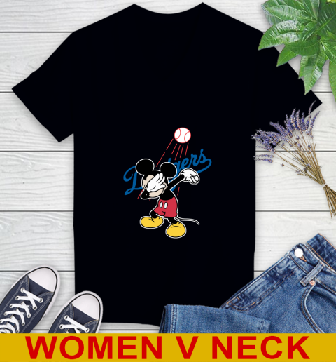 Los Angeles Dodgers MLB Baseball Dabbing Mickey Disney Sports Women's V-Neck T-Shirt 2