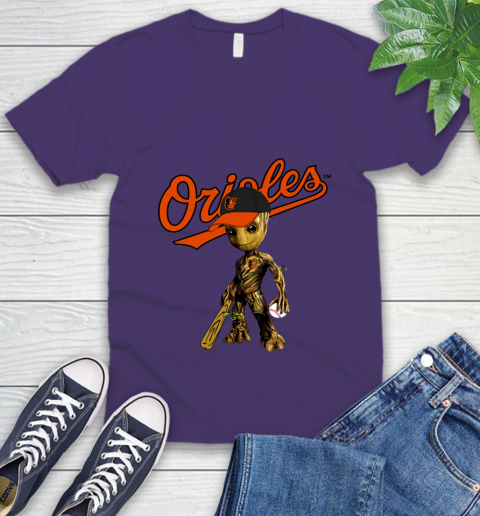 MLB Baltimore Orioles Groot Guardians Of The Galaxy Baseball V-Neck T-Shirt 10