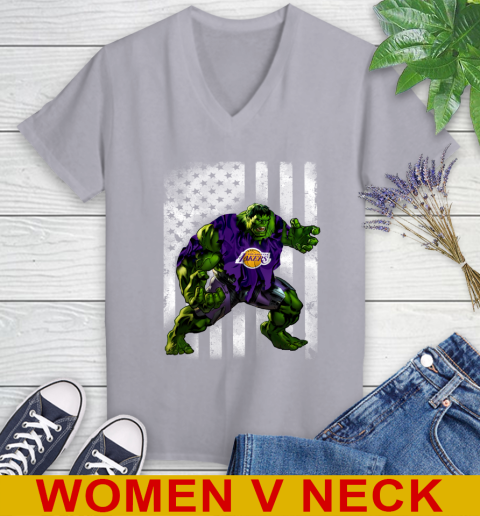 Los Angeles Lakers Hulk Marvel Avengers NBA Basketball American Flag Women's V-Neck T-Shirt 4