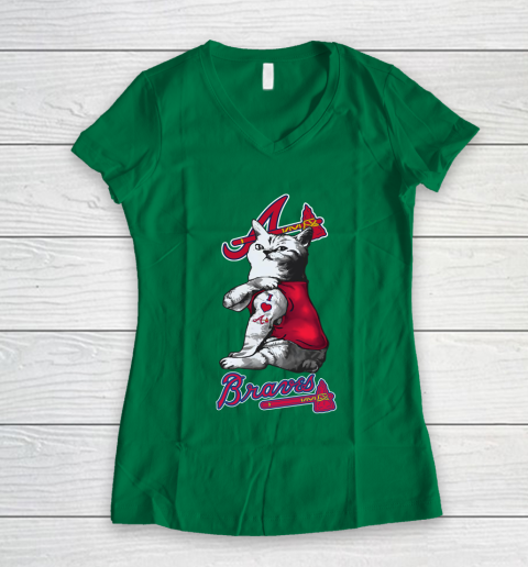 MLB Baseball My Cat Loves Atlanta Braves Women's V-Neck T-Shirt 3
