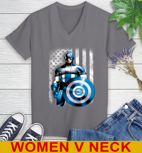 Philadelphia 76ers NBA Basketball Captain America Marvel Avengers American Flag Shirt Women's V-Neck T-Shirt 11