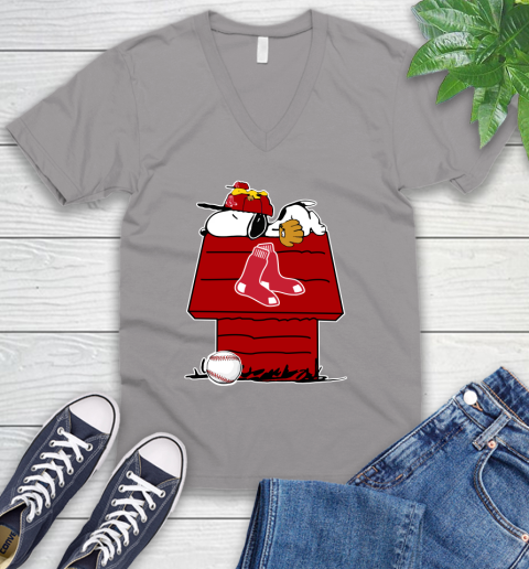 MLB Boston Red Sox Snoopy Woodstock The Peanuts Movie Baseball T Shirt V-Neck T-Shirt 4