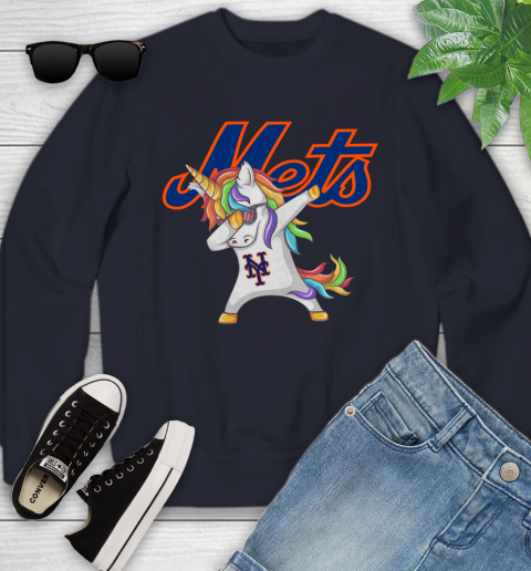 New York Mets MLB Baseball Funny Unicorn Dabbing Sports Youth Sweatshirt 3